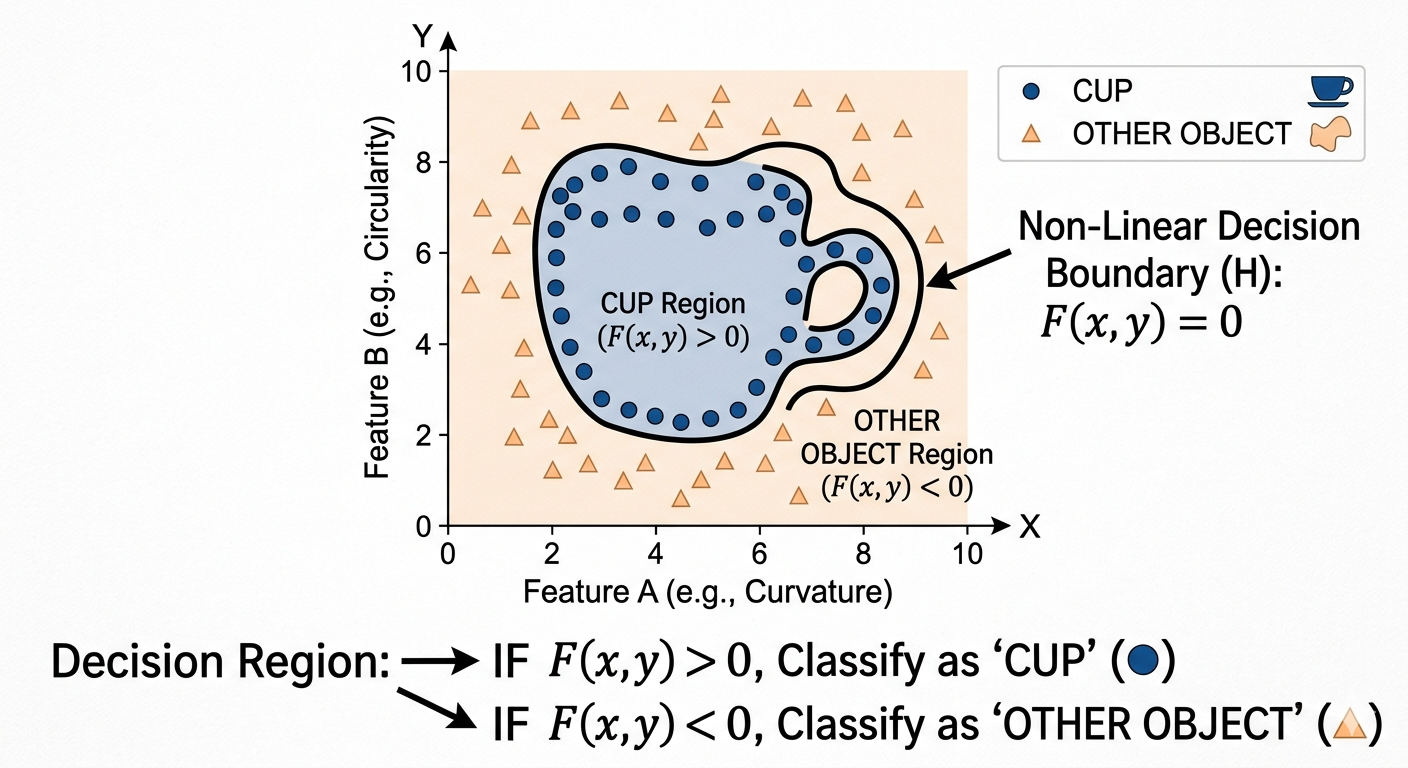 A 2D plot showing CUP data points clustered together inside a curvy non-linear boundary, with OTHER OBJECT points outside it. The boundary is labeled F(x,y) = 0.